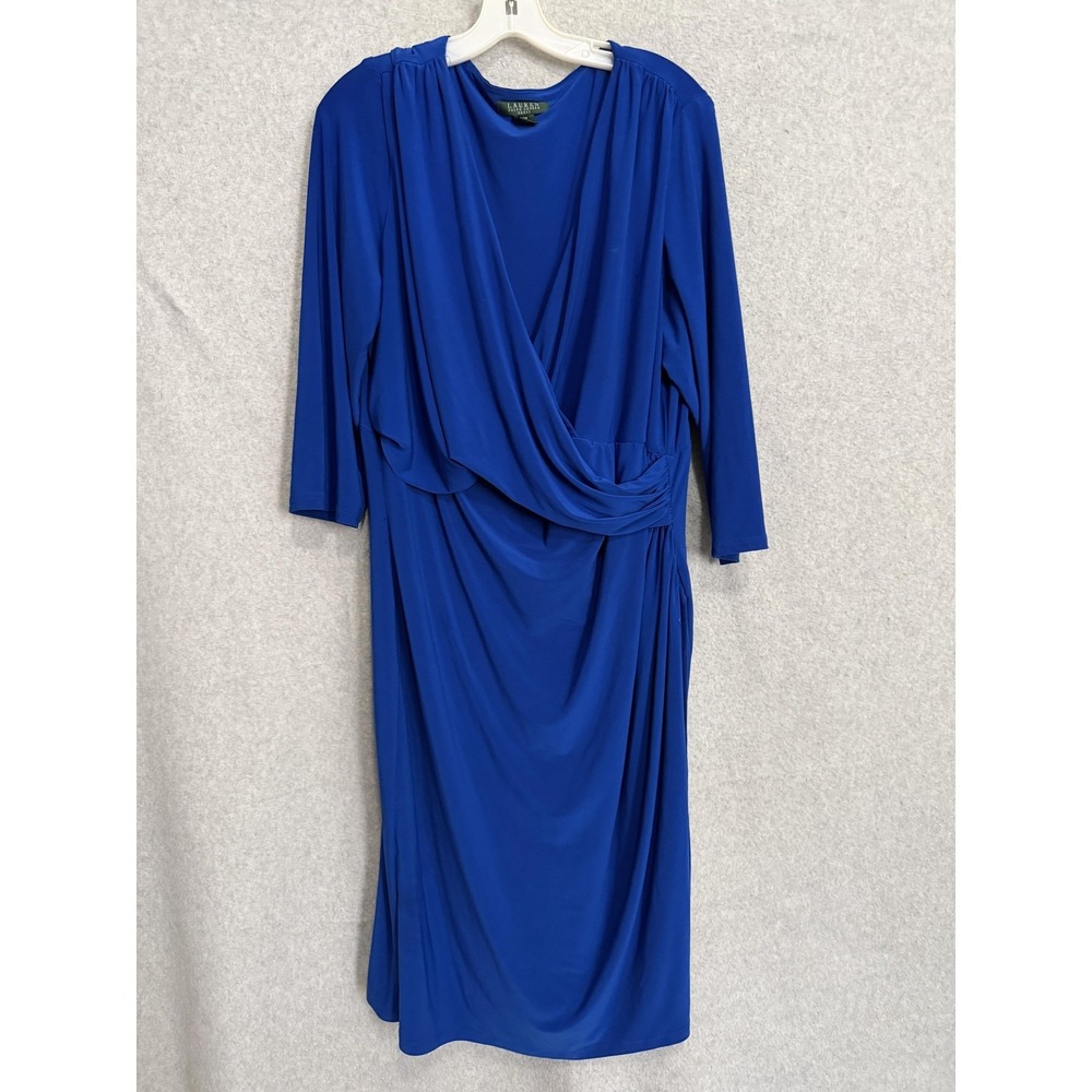 Lauren Ralph Lauren Dress Womens 22W Blue V Neck Ruched‎ Wrap Sheath Jersey Midi